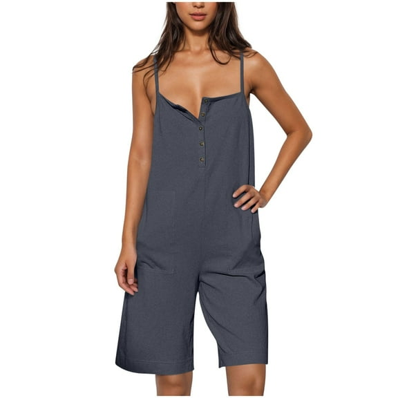 Lenpel Summer Rompers for Women Sleeveless Spaghetti Strap Quarter Button Square Neck Wide Leg Short Jumpsuits Casual Loose Overalls