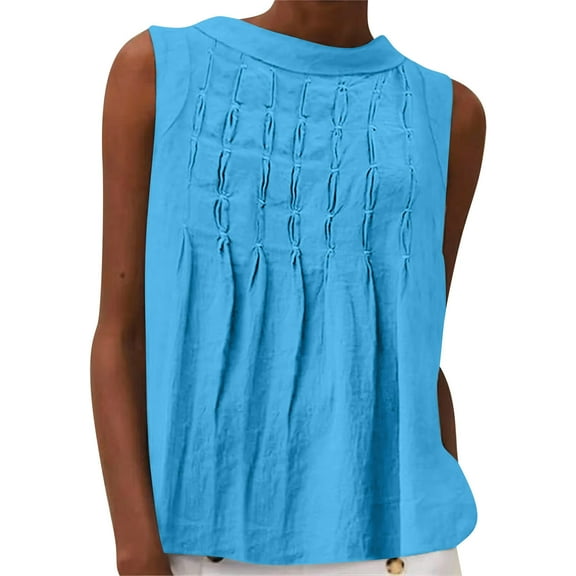 Lenpel Summer Tank Tops for Women Sleeveless Boat Neck Pleated Front Loose Tunic Shirts Trendy Casual Blouses