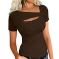 thumbnail image 1 of Lenpel Summer Tops for Women Fashion Short Sleeve Asymmetrical Neck Cut out Slim Tunic T Shirts Going out Tees, 1 of 5