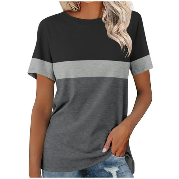 Lenpel Summer Tops for Women Fashion Short Sleeve Crew Neck Color Block Plus Size T Shirts Loose Casual Tees