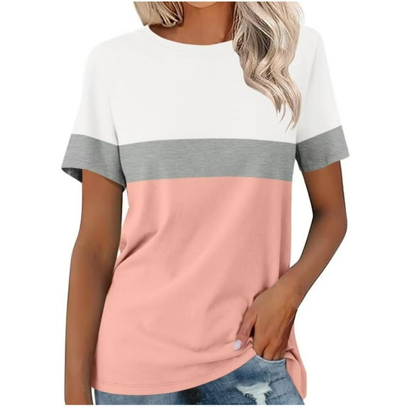 Lenpel Summer Tops for Women Fashion Short Sleeve Crew Neck Color Block Plus Size T Shirts Loose Casual Tees