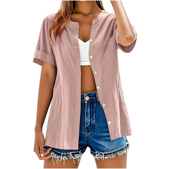 Lenpel Summer Tops for Women Trendy Cotton Linen Short Sleeve V Neck Button down Shirts Dressy Casual Blouses