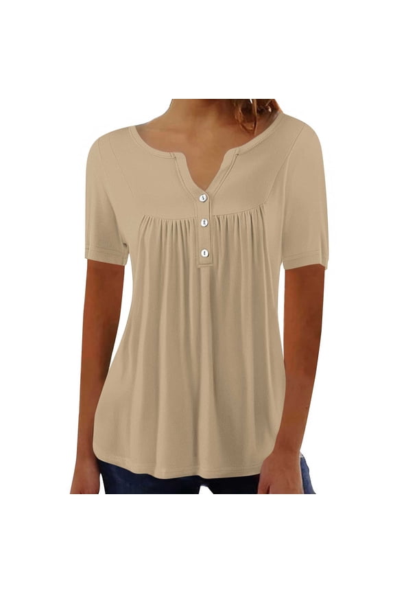 Summer Tops for Women Trendy Short Sleeve V Neck Quarter Button Pleated Front Casual T Shirts Flowy Tunic Blouses