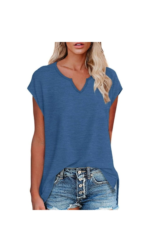 Summer Tops for Women Trendy V Neck Side Split Cap Short Sleeve Casual Loose T Shirts Tunic Tee Blouses