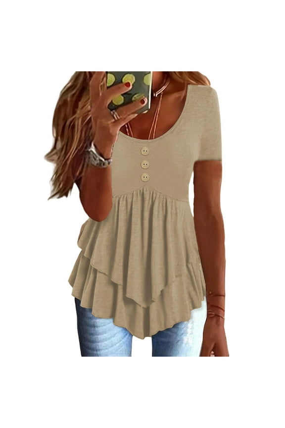 Summer Tops for Women Casual Short Sleeve Crew Neck Asymmetrical Ruffle Hem Layered T Shirts Tunic Tee Blouses