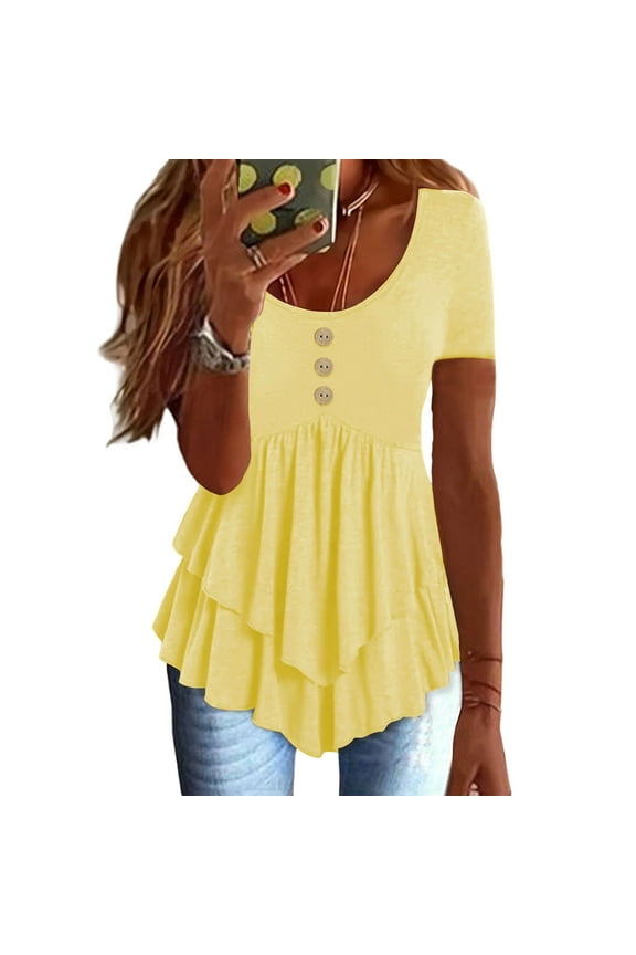 Summer Tops for Women Casual Short Sleeve Crew Neck Asymmetrical Ruffle Hem Layered T Shirts Tunic Tee Blouses