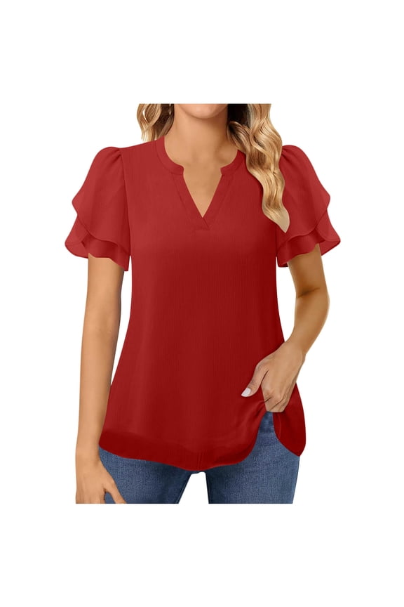 Summer Tops for Women Chiffon Ruffle Puff Short Sleeve V Neck Tunic T Shirts Dressy Casual Blouses