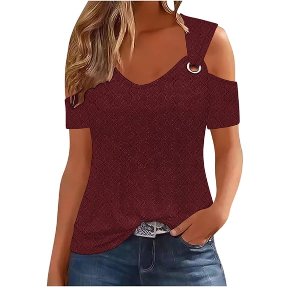 Lenpel Summer Tops for Women Cold Shoulder Short Sleeve V Neck Eyelet Embroidered T Shirts Casual Tunic Tee Blouses