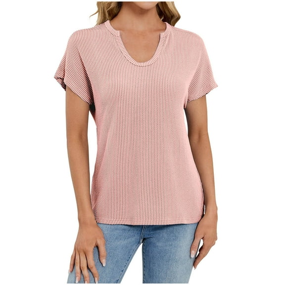 Lenpel Summer Tops for Women Dressy Casual V Neck Short Sleeve Solid Color Textured T Shirts Fashion Tunic Blouses