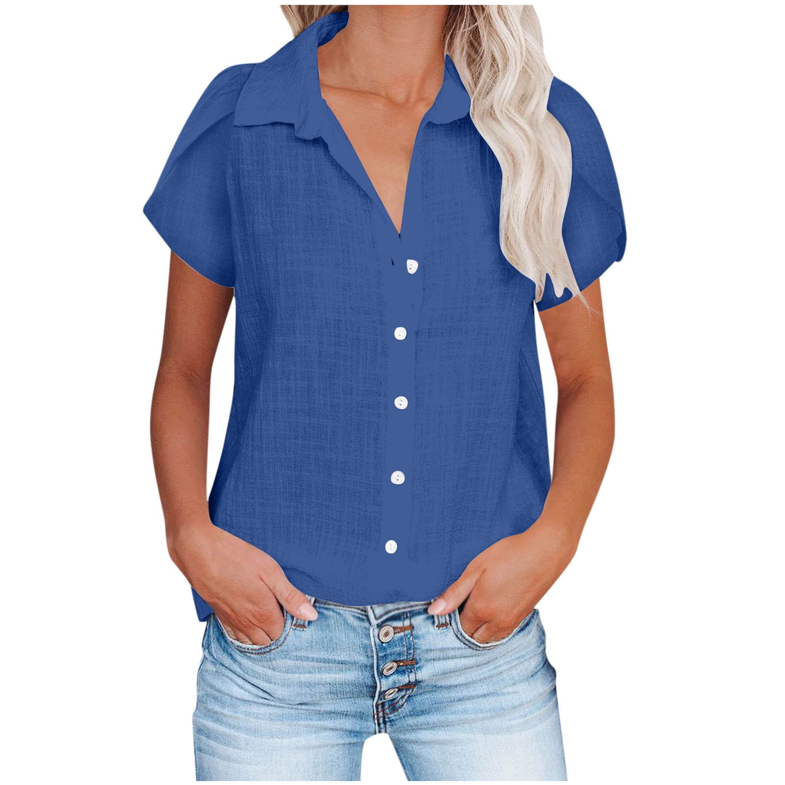 Lenpel Summer Tops for Women Puff Short Sleeve V Neck Collared Button ...
