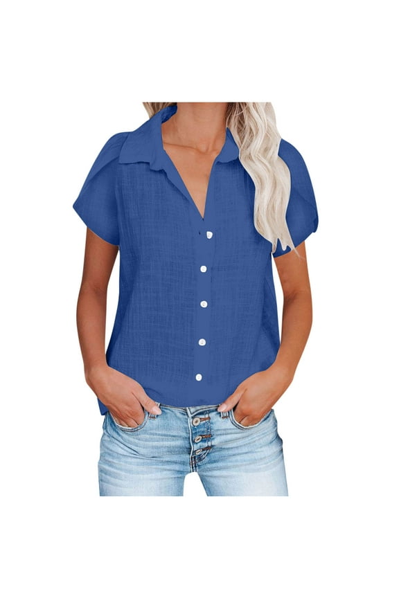 Summer Tops for Women Puff Short Sleeve V Neck Collared Button down Shirts Casual Work Tunic Blouses