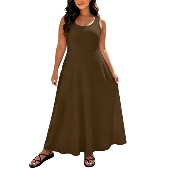 Lenpel Sundresses for Women Scoop Neck Sleeveless Maxi Dresses Casual Loose Flowy Beach Vacation Long Dresses