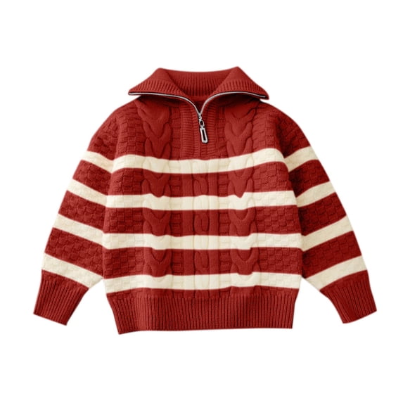 Lenpel Sweaters for Girls Toddler Baby Quarter Zip Collared Striped Cable Knit Pullover Sweater Tops Kids Fall Winter Clothes(Wine,1-2 Years)