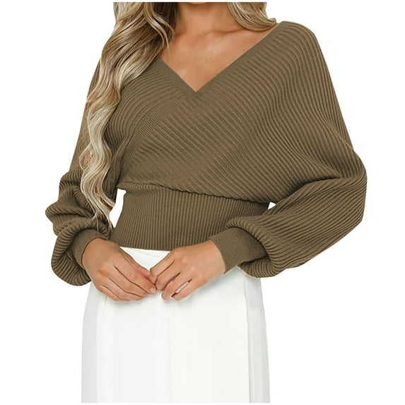 Lenpel Sweaters for Women Fall Wrap Crossover V Neck Knitted Blousers Hollow out in the Back Ribbed Tops