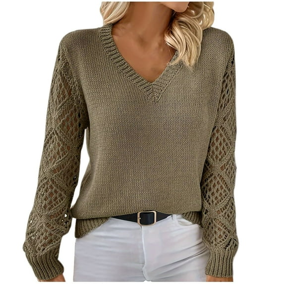 Lenpel Sweaters for Women Crochet Long Sleeve Hollow out V Neck Solid Color Knit Sweater Tops Soft Casual Pullover Sweaters(Brown,Small)
