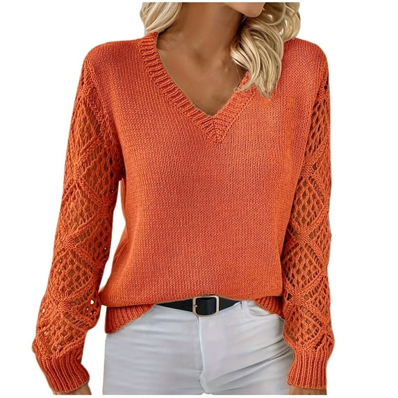 Lenpel Sweaters for Women Crochet Long Sleeve Hollow out V Neck Solid Color Knit Sweater Tops Soft Casual Pullover Sweaters(Orange,X-Large)