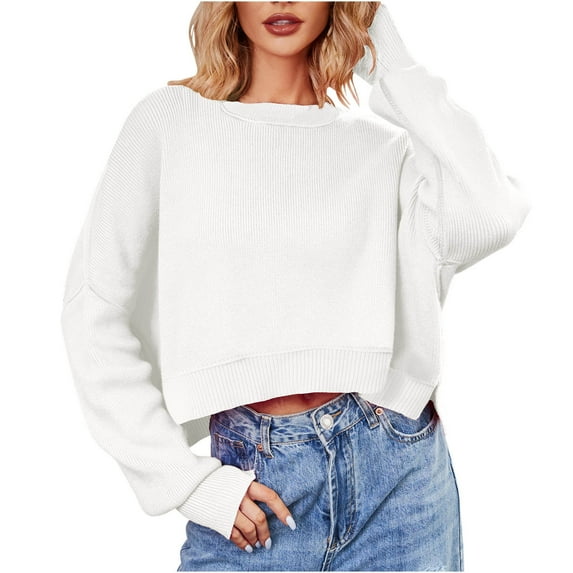 Lenpel Sweaters for Women Cropped Long Sleeve Crew Neck Pullover Tops Side Split Trendy Solid Color Sweater