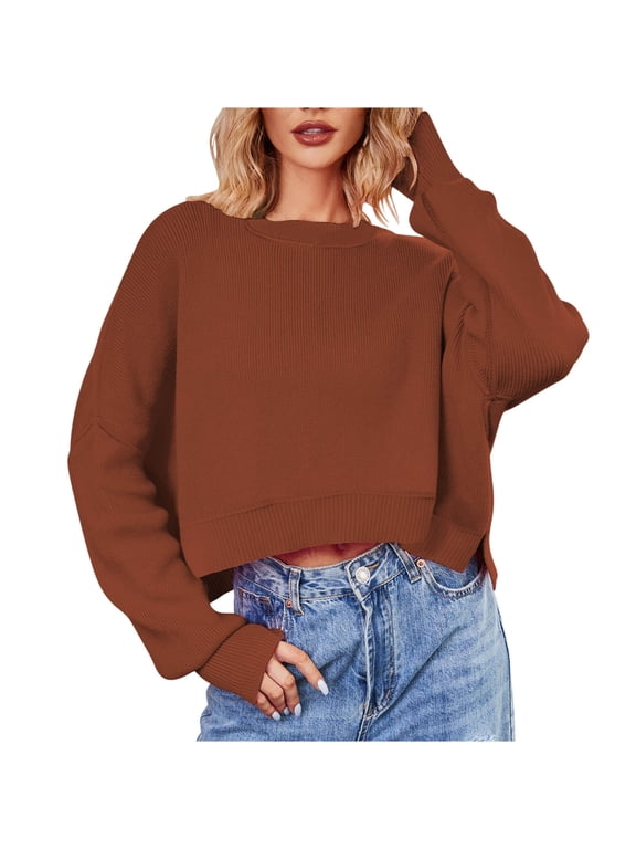 Sweaters for Women Cropped Long Sleeve Crew Neck Pullover Tops Side Split Trendy Solid Color Sweater