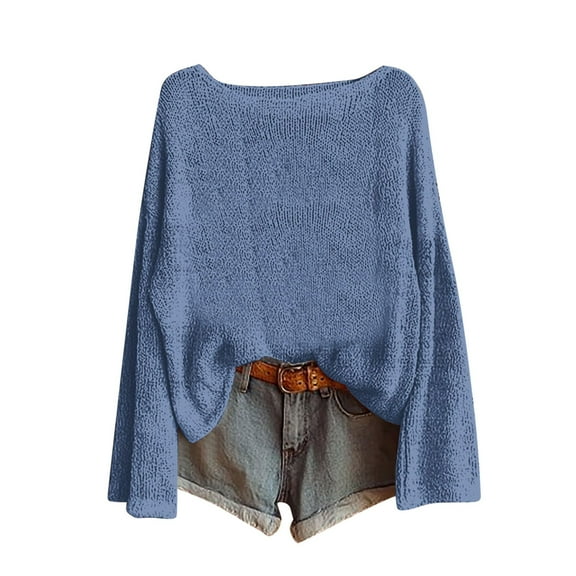 Lenpel Sweaters for Women Fall Fashion Boat Neck Bell Long Sleeve Knitted Pullover Tops Casual Loose Spring Sweaters(Blue,X-Large)
