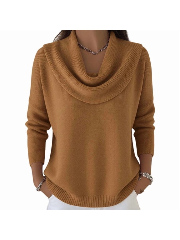 Sweaters for Women Fall Winter Stylish Cowl Neck Pullover Tops Casual Loose Long Sleeve Solid Color Knitted Shirts(Brown,Medium)