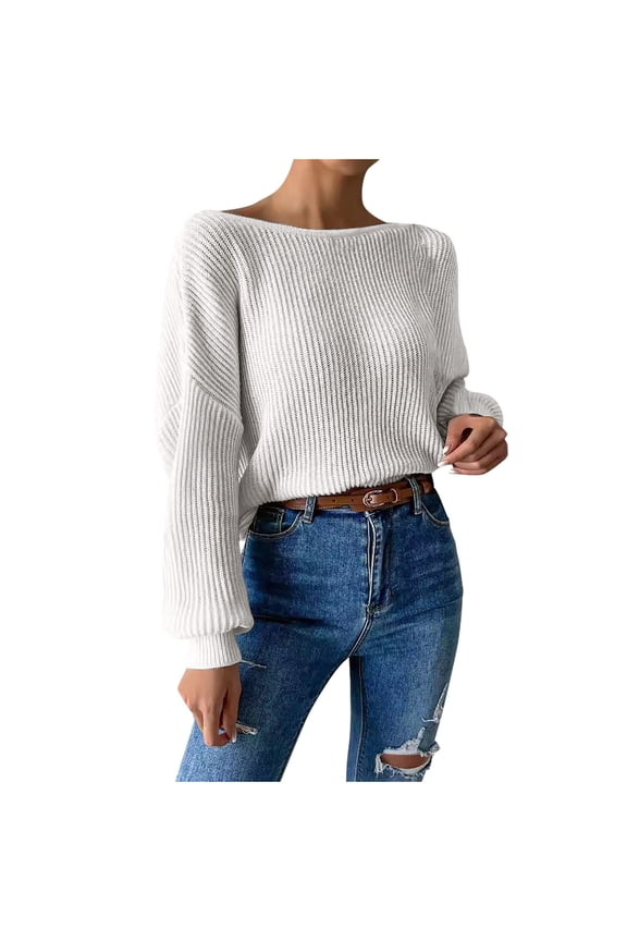 Sweaters for Women Lantern Long Sleeve Boat Neck Criss Cross Open Back Chunky Knit Sweater Tops Loose Pullover Sweaters(White,Medium)