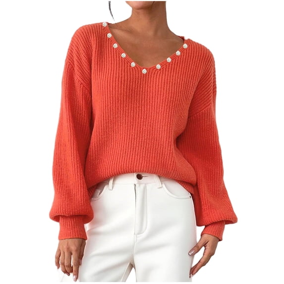 Lenpel Sweaters for Women Lantern Long Sleeve V Neck Chunky Knit Pullover Sweater Tops Casual Loose Sweaters(Orange,Large)
