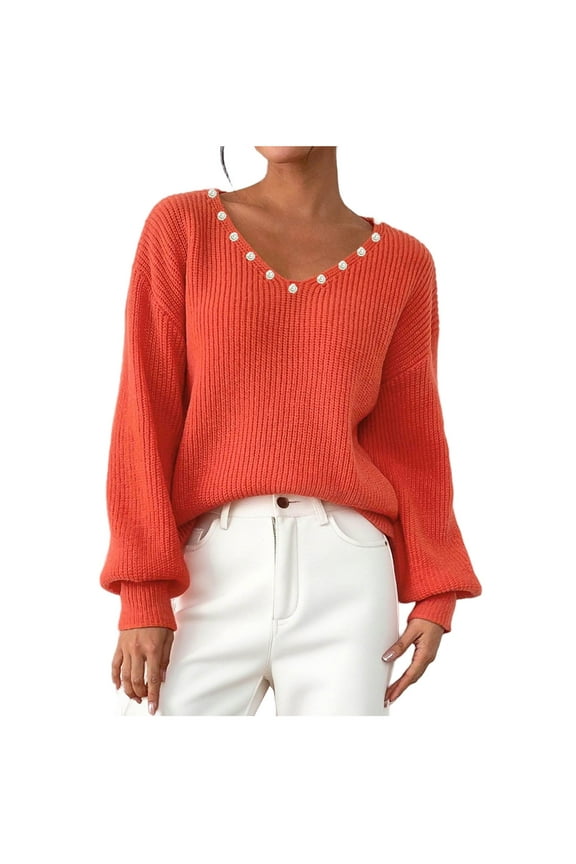 Sweaters for Women Lantern Long Sleeve V Neck Chunky Knit Pullover Sweater Tops Casual Loose Sweaters(Orange,Large)