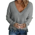 thumbnail image 1 of Lenpel Sweaters for Women Lightweight V Neck Long Sleeve Frayed Pullover Tops Loose Casual Crop Knitted Sweater, 1 of 7