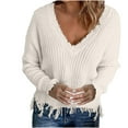 thumbnail image 1 of Lenpel Sweaters for Women Lightweight V Neck Long Sleeve Frayed Pullover Tops Loose Casual Crop Knitted Sweater, 1 of 7