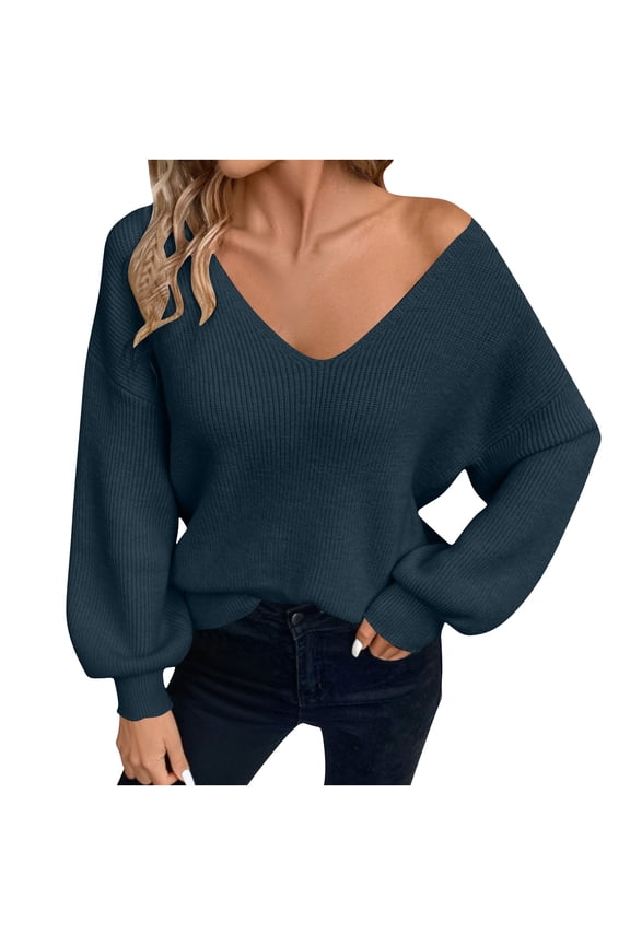 Sweaters for Women Trendy V Neck Bow Tie Back Lantern Long Sleeve Knitted Pullover Tops Casual Loose Fashion Sweaters(Blue,Large)
