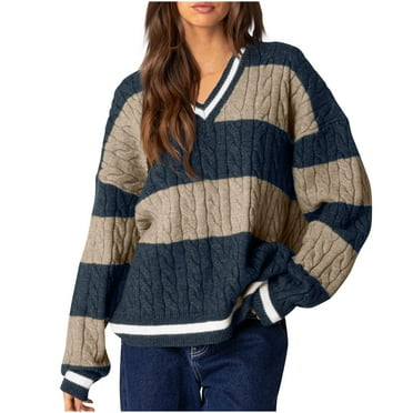 Lenpel Sweaters for Women V Neck Long Sleeve Striped Color Block Cable Knit Casual Tops Loose Pullover Sweater