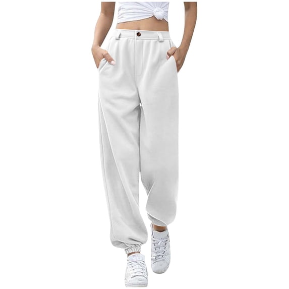 Lenpel Sweatpants for Women Elastic High Waisted Cinch Bottom Workout Lounge Pants Baggy Casual Athletic Joggers(White,Small)