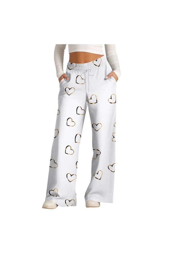 Sweatpants for Women Wide Leg High Waisted Drawstring Heart Printed Joggers with Pockets Baggy Lounge Pants