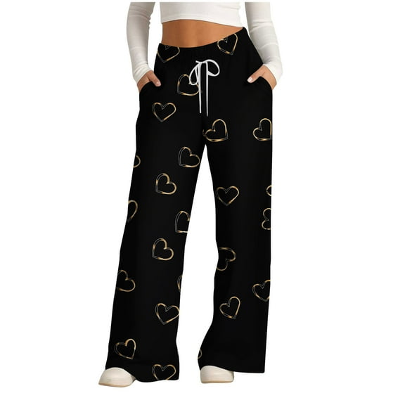 Lenpel Sweatpants for Women Wide Leg High Waisted Drawstring Heart Printed Joggers with Pockets Baggy Lounge Pants