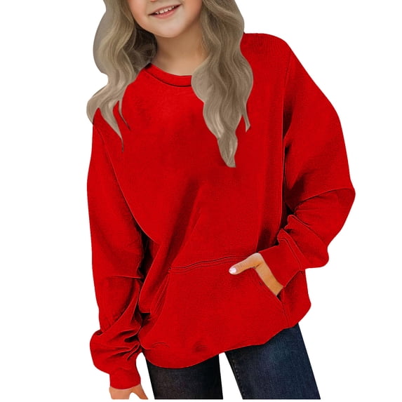 Lenpel Sweatshirts for Boys Girls Toddlers Crew Neck Long Sleeve Pullover Sweatshirt Tops Casual Loose Sweatshirts with Pocket(Red,10-11 Years)