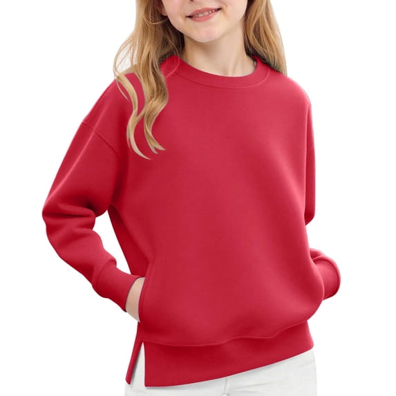 Lenpel Sweatshirts for Girls Long Sleeve Crew Neck Side Split Pullover Sweatshirt Tops Children Casual Sweatshirts with Pockets(Red,13-14 Years)