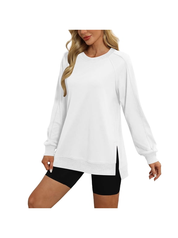 Sweatshirts for Women Fall Long Sleeve Crew Neck Side Split Pullover Tops Casual Loose Soft Clothes