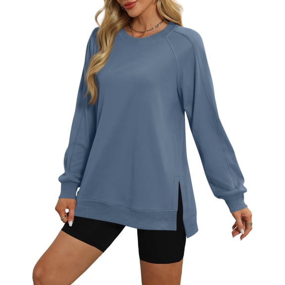 Lenpel Sweatshirts for Women Fall Long Sleeve Crew Neck Side Split Pullover Tops Casual Loose Soft Clothes