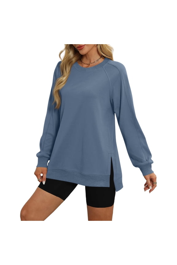 Sweatshirts for Women Fall Long Sleeve Crew Neck Side Split Pullover Tops Casual Loose Soft Clothes