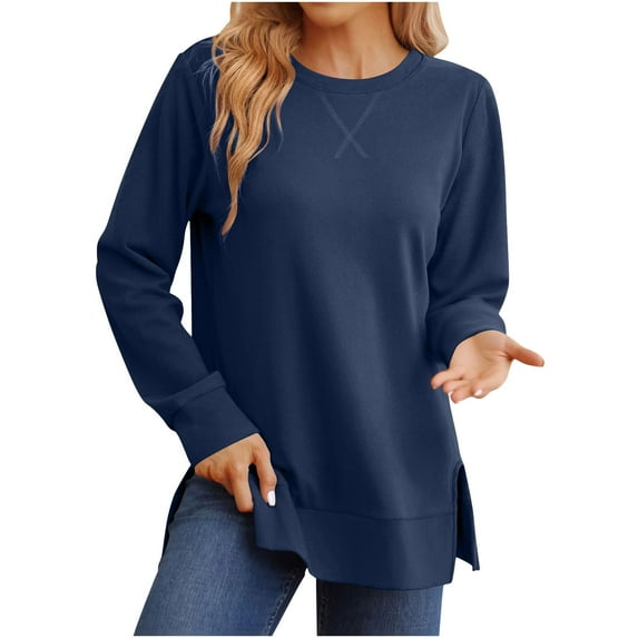 Lenpel Sweatshirts for Women Fall Fashion Long Sleeve Side Split Solid Color Tunic Tops Casual Loose Pullover Sweatshirts(Navy,Small)