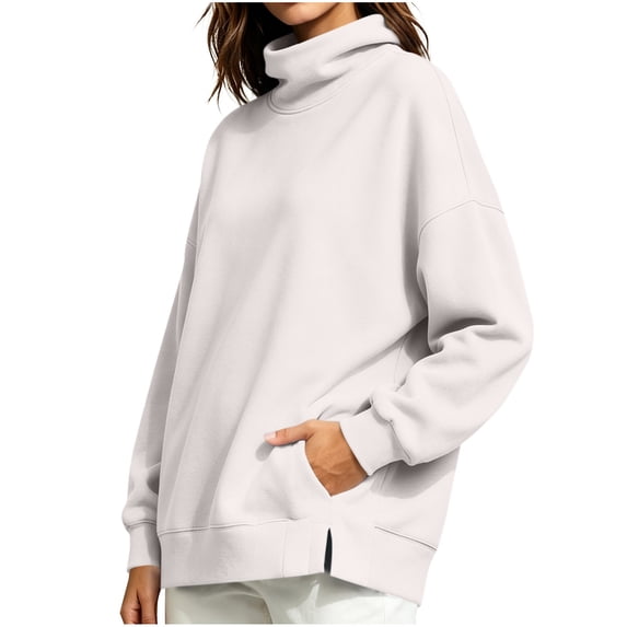 Lenpel Sweatshirts for Women Fall Mock Neck Long Sleeve Tops Oversized Solid Color Casual Loose Warm Pullover(White,Medium)