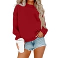 thumbnail image 1 of Lenpel Sweatshirts for Women Long Sleeve Mock Neck Curved Hem Casual Pullover Sweatshirts Loose Sweater Tops with Pockets(Red,X-Large), 1 of 3