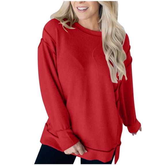 Lenpel Sweatshirts for Women Plus Size Long Sleeve Crew Neck Side Split Pullover Tops Fashion Fall Clothes