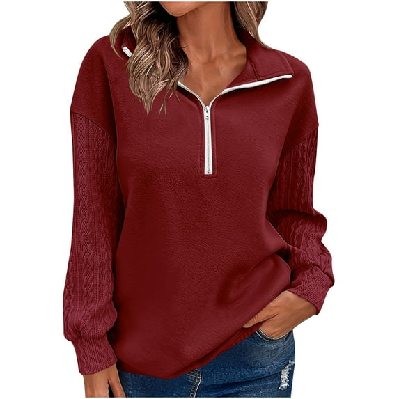 Lenpel Sweatshirts for Women Textured Long Sleeve Half Zip Collared Casual Pullover Tops Fall Fashion Outfits(Red,XX-Large)