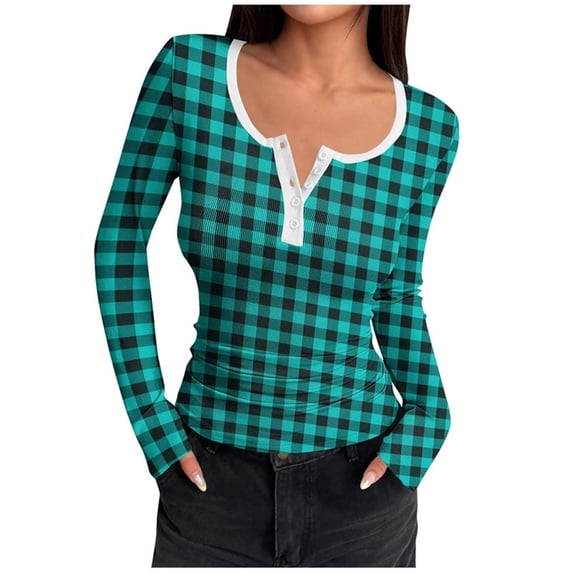 Lenpel T Shirts For Women Long Sleeve Scoop Neck Quarter Button Plaid Ribbed Knit Slim T Shirts Casual Tee Blouses(Light Blue,Large)