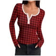 thumbnail image 1 of Lenpel T Shirts For Women Long Sleeve Scoop Neck Quarter Button Plaid Ribbed Knit Slim T Shirts Casual Tee Blouses(Red,X-Large), 1 of 6