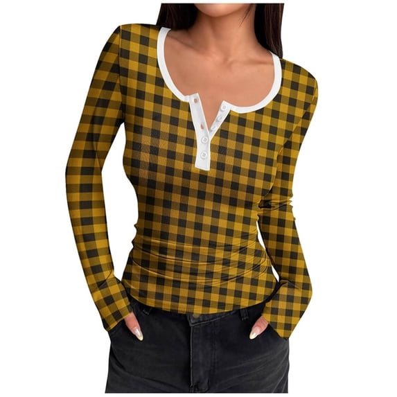 Lenpel T Shirts For Women Long Sleeve Scoop Neck Quarter Button Plaid Ribbed Knit Slim T Shirts Casual Tee Blouses(Yellow,Medium)