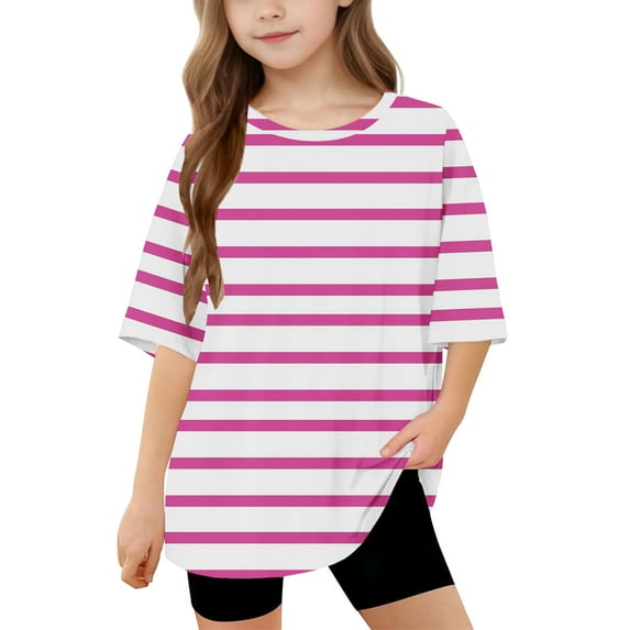 Lenpel T-Shirts for Girls Boys Striped Half Sleeve Crew Neck Loose Tunic Tops Summer Casual Tees 5-15 Y
