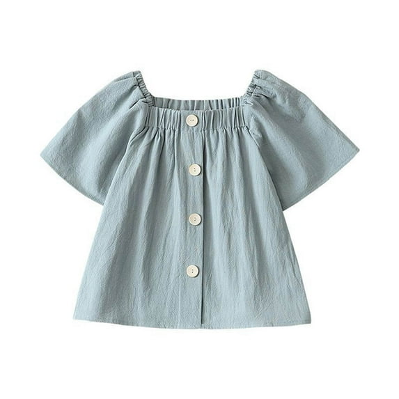 Lenpel T-Shirts for Girls Cotton Puff Short Sleeve Square Neck Button Front Tee Blouses Casual Summer Tops 6-16 Y