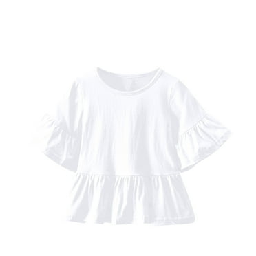 Lenpel T-Shirts for Toddler Baby Girls Ruffle Short Sleeve Crew Neck Solid Color Cotton Tee Blouses Summer Casual Tops